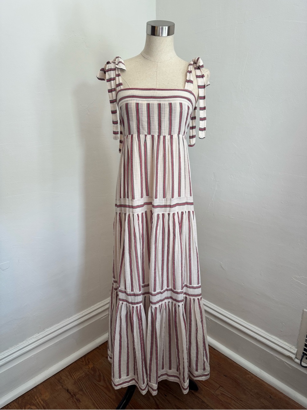 Striped Tie-Shoulder Maxi Dress in Cream and Red